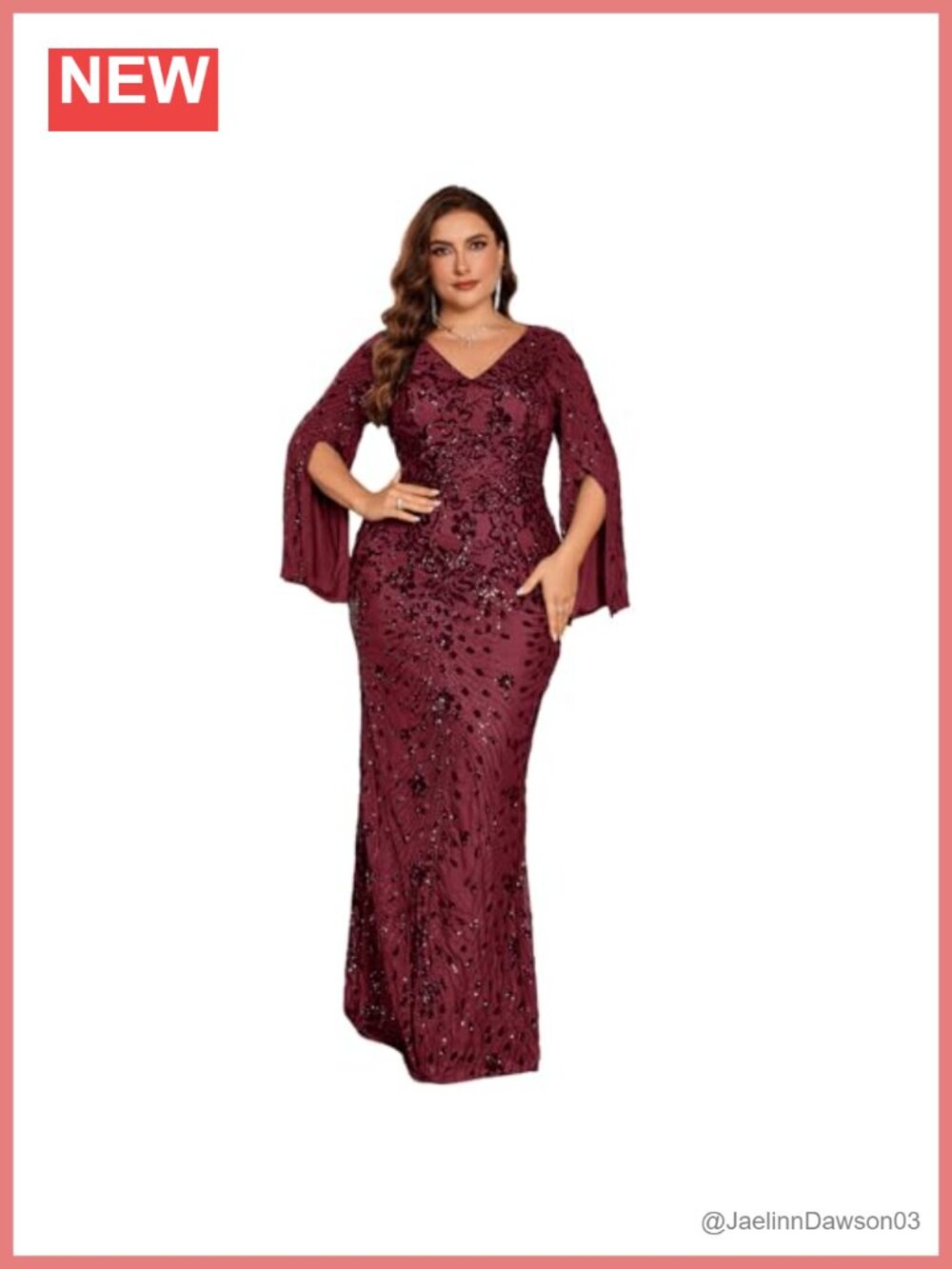 Plus Size Formal Maxi Dress Cape Sleeve V-Neck Sequin Embroidery